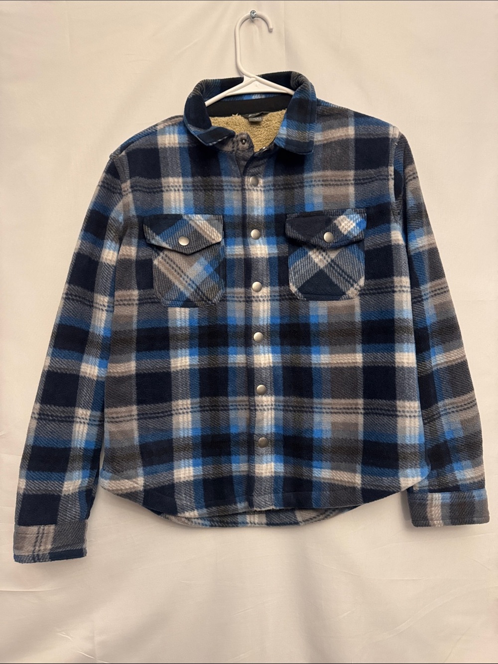 Boys Blue Eddie Bauer Plaid Sherpa-Lined Button-Down Shirt size 10/12